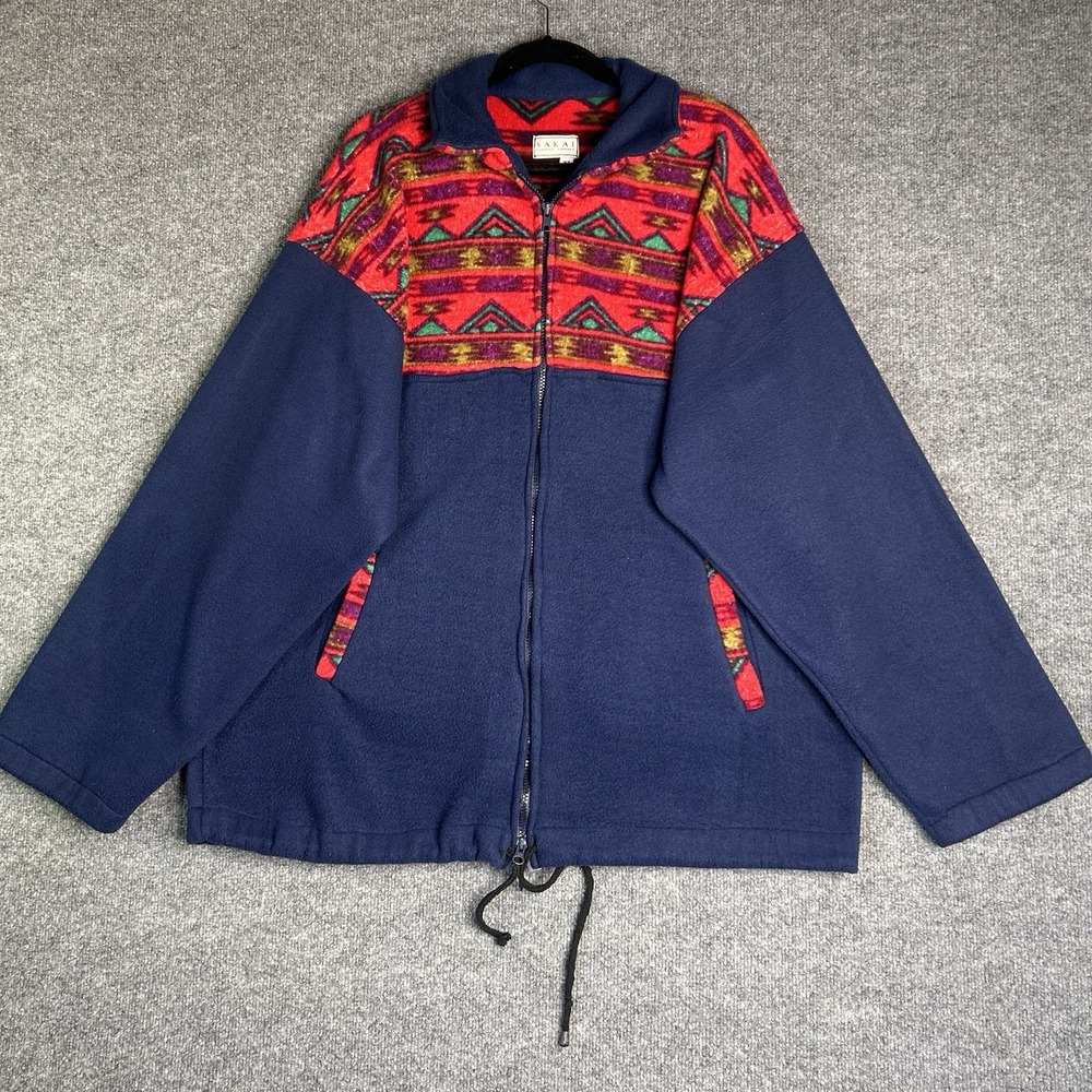 Vintage Sakai Fleece Jacket Full Zip Mens Size Xl Blue Aztec Pockets‎